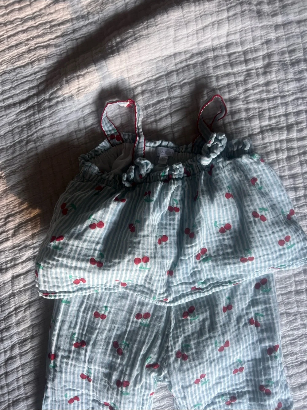 btween White Striped Cherry Print Tank and Pants Set - Red/Green